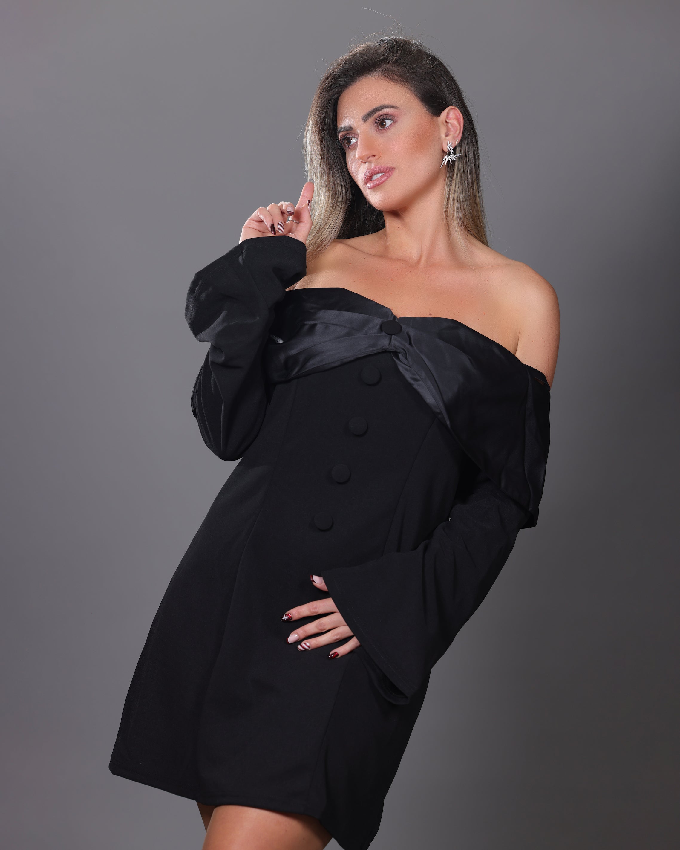 Off-Shoulder dress: Black Satin
