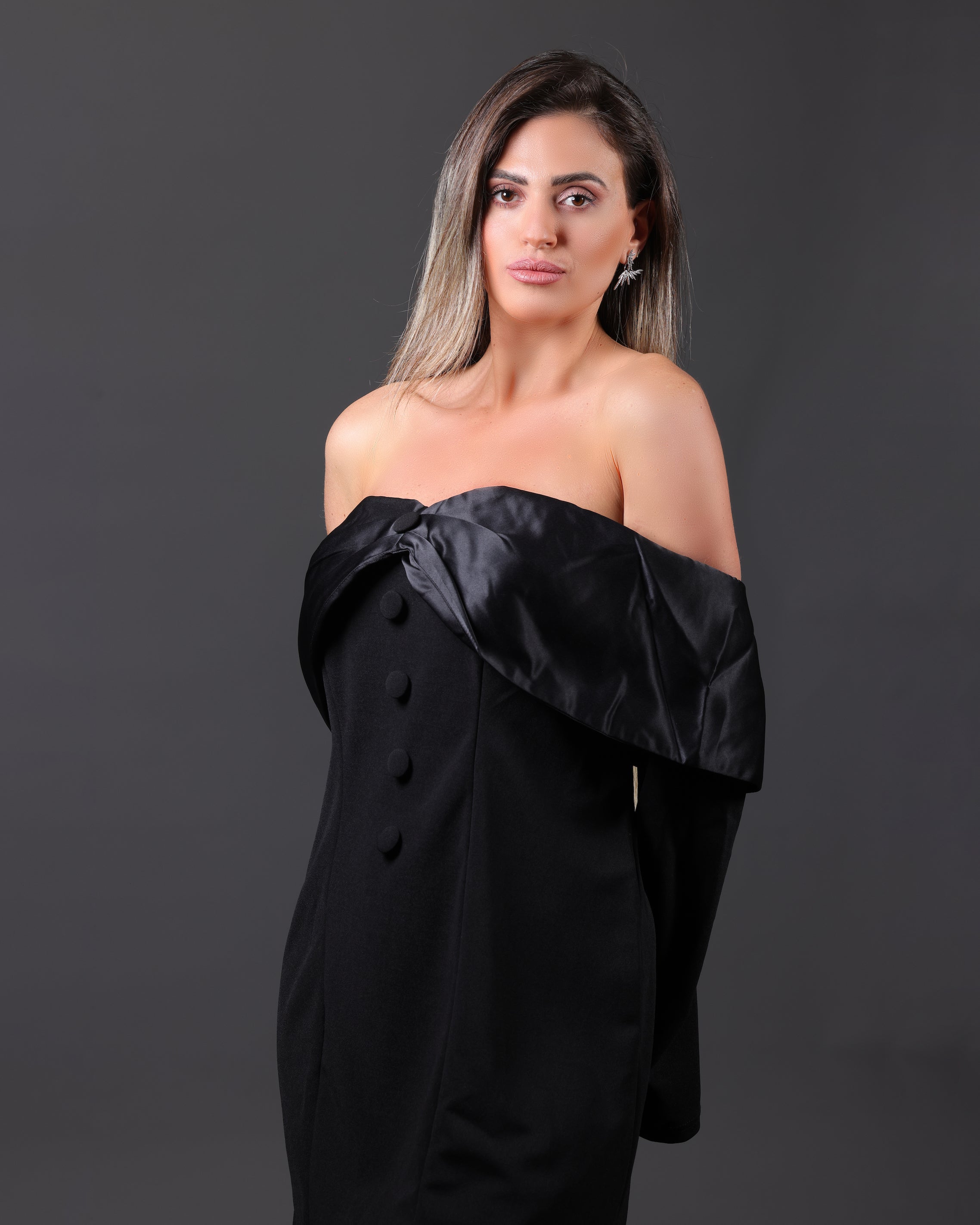 Off-Shoulder dress: Black Satin